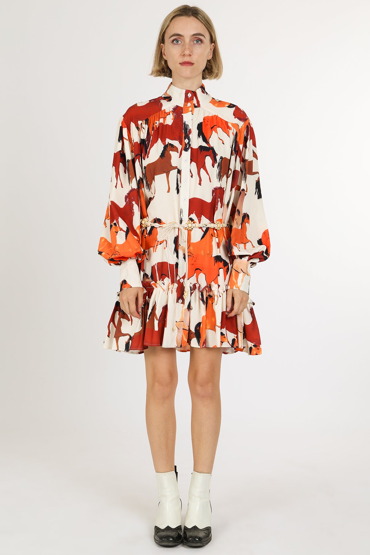 Percy Multicolor Horse Print Belted Mini Shirt Dress