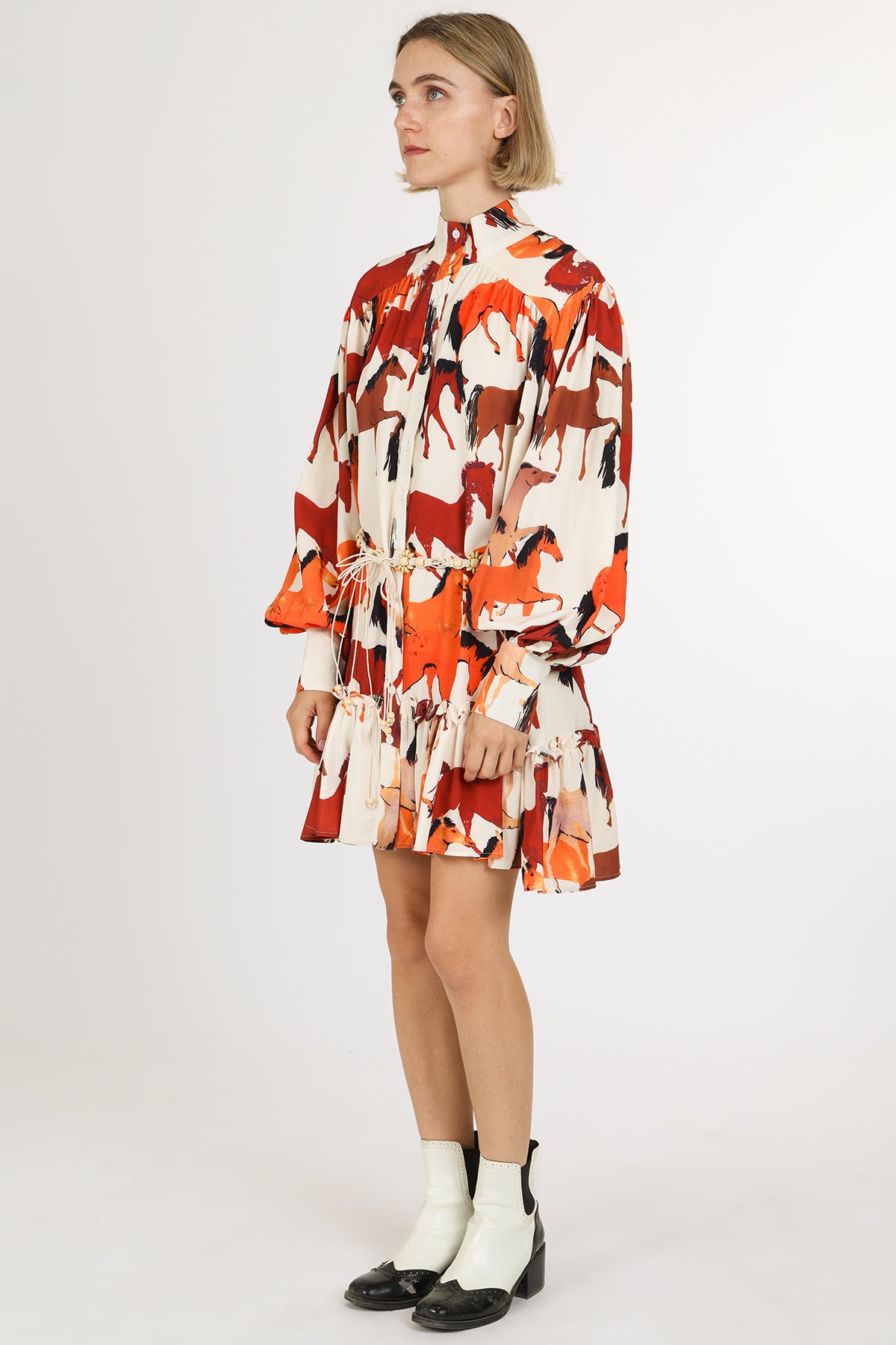 Percy Multicolor Horse Print Belted Mini Shirt Dress