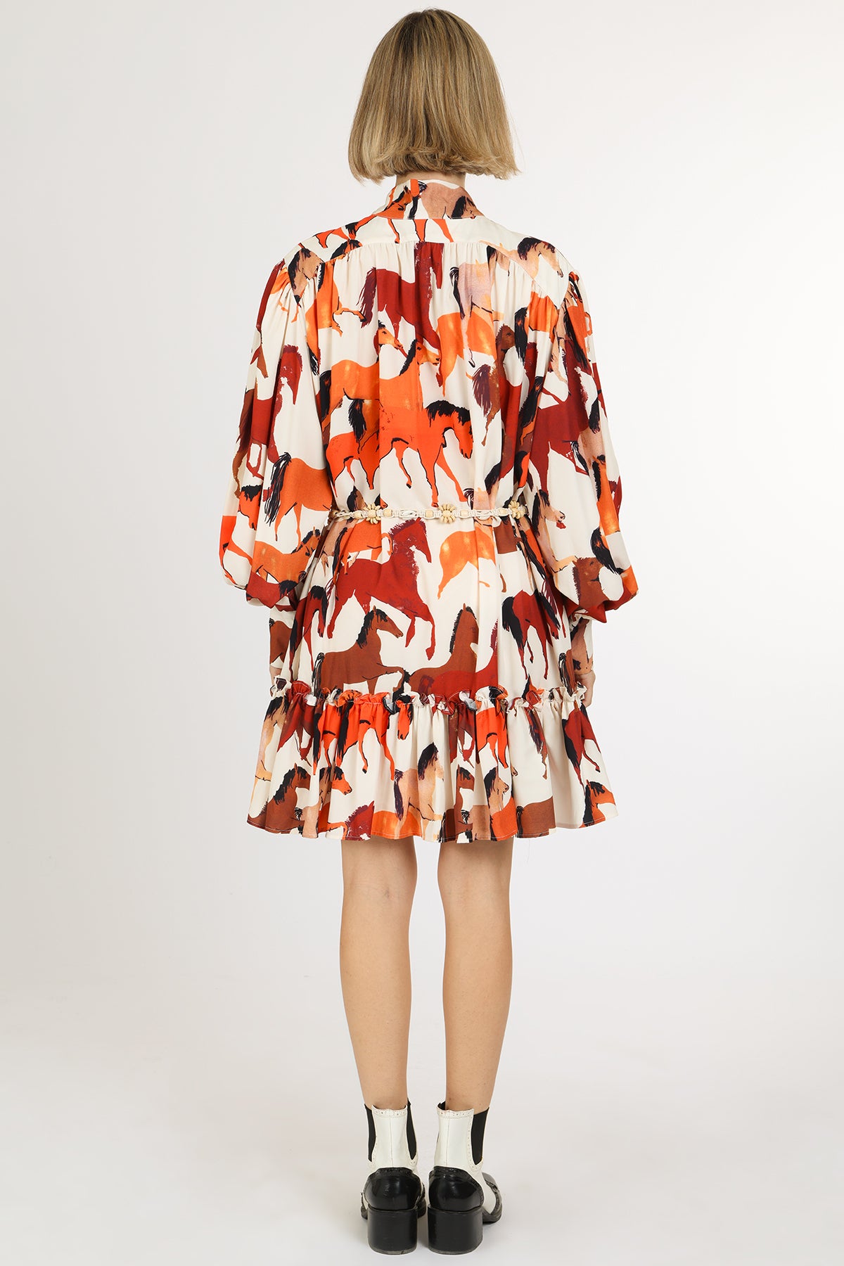 Percy Multicolor Horse Print Belted Mini Shirt Dress