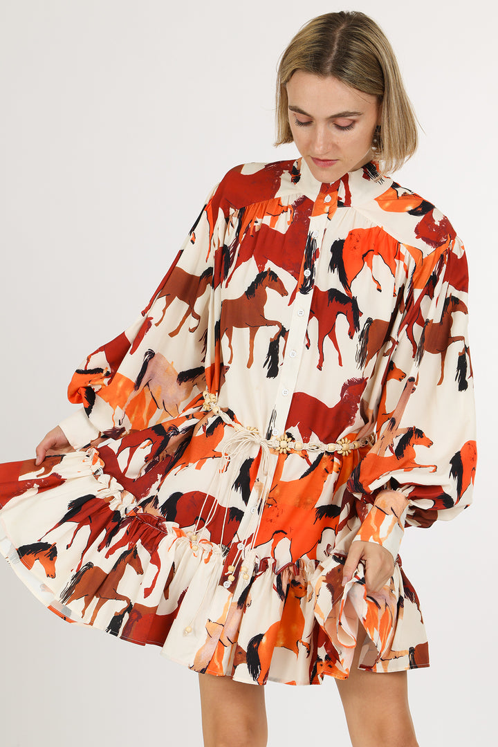 Percy Multicolor Horse Print Belted Mini Shirt Dress