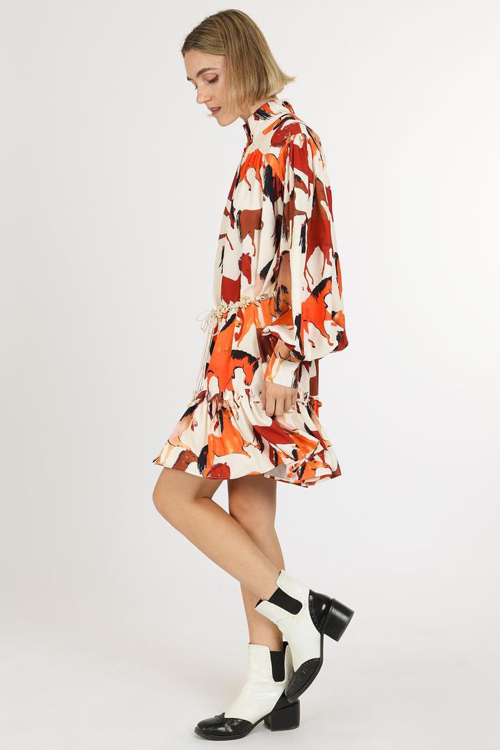 Percy Multicolor Horse Print Belted Mini Shirt Dress