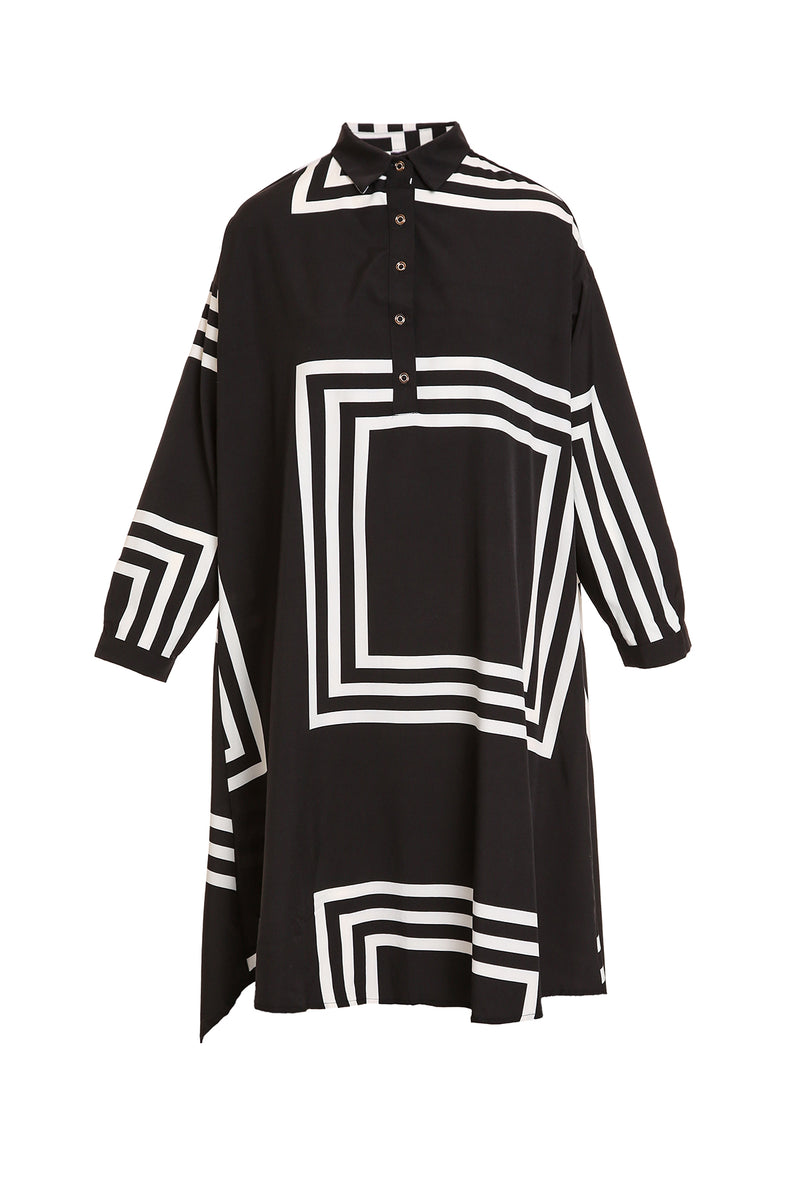 Eliana Geometric Contrast High-Low Midi Shirt Dress