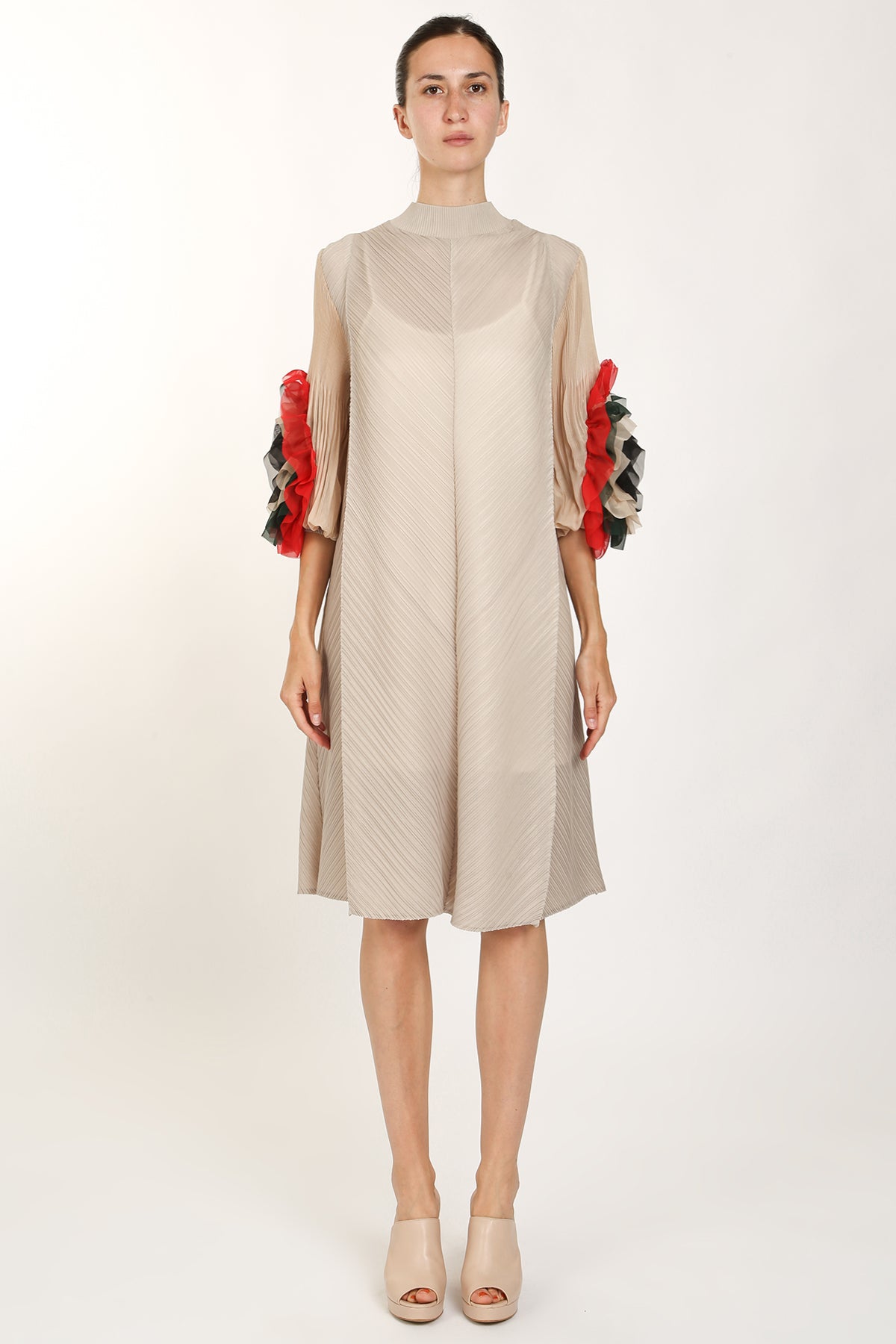 Alias Tricolor Ruffled Applique Detail Pleat Midi Dress - Shop Beulah Style