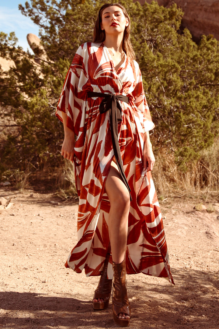 Ciara Belted V-Neck Wrap Multi Print Maxi Dress
