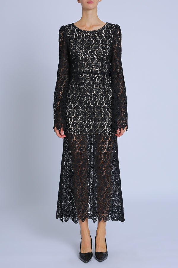 Anita Hollow Out Floral Lace Mesh A-Line Maxi Dress