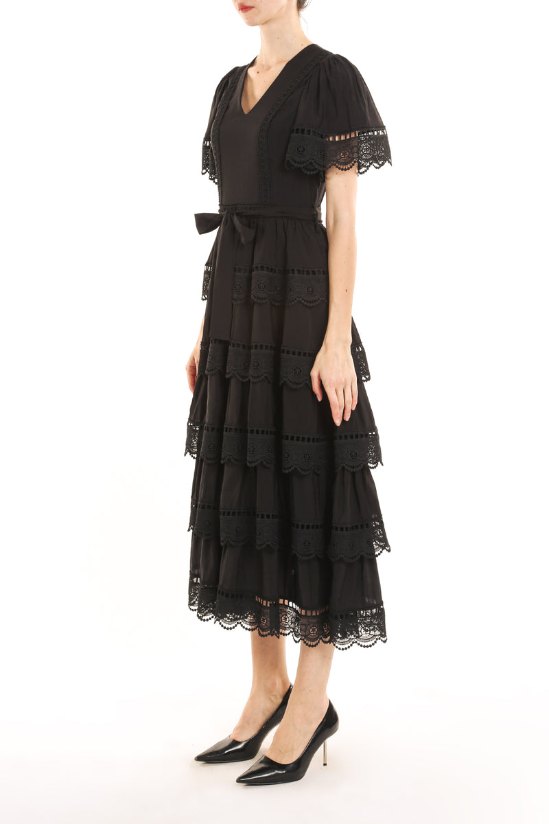 Penelope Tiered Ruffle Embroidered Trim Bowtie Maxi Dress - Shop Beulah Style