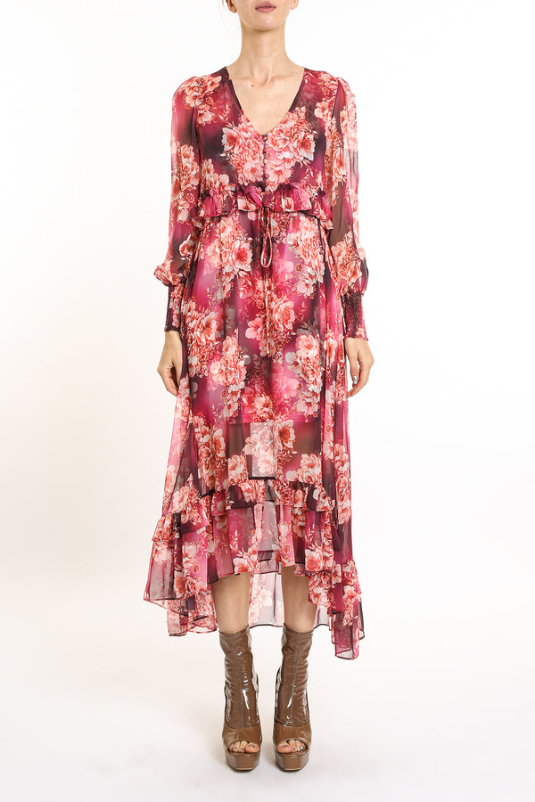Harper Ruffled Trim Detail Floral Printed Sheer Maxi Dress