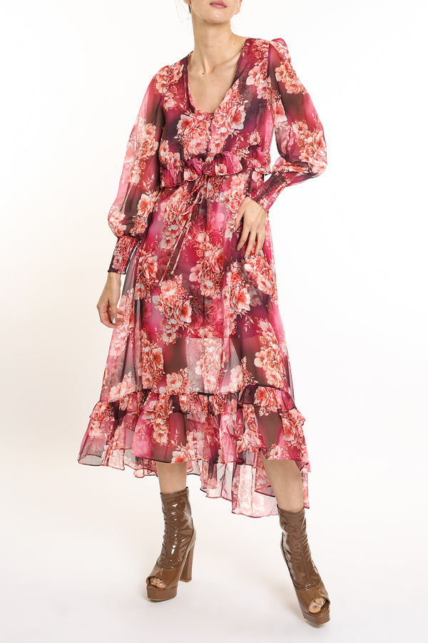Harper Ruffled Trim Detail Floral Printed Sheer Maxi Dress