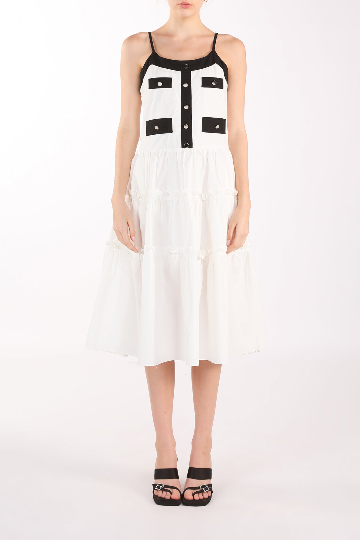 Janae Contrast Tiered Ruffles Trim Spaghetti Midi Dress - Shop Beulah Style
