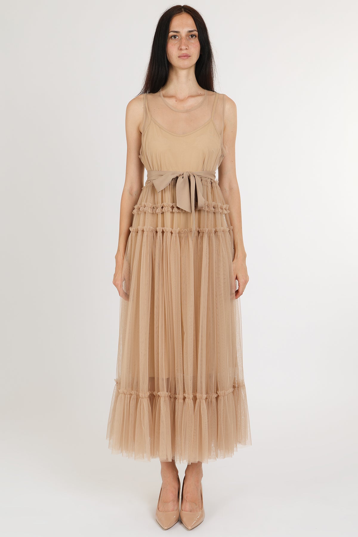 Titania Tiered Ruffles Tulle Sleeveless Belted Maxi Dress
