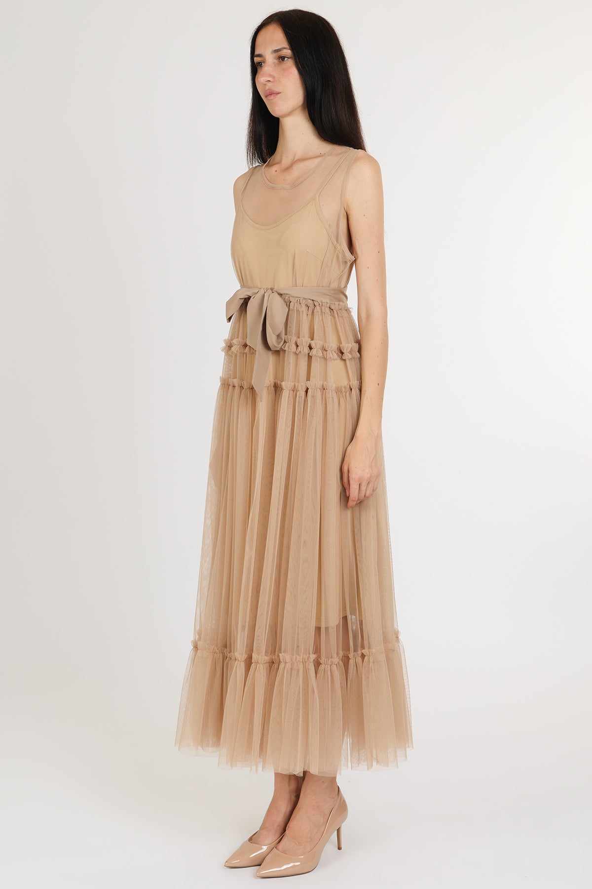 Titania Tiered Ruffles Tulle Sleeveless Belted Maxi Dress