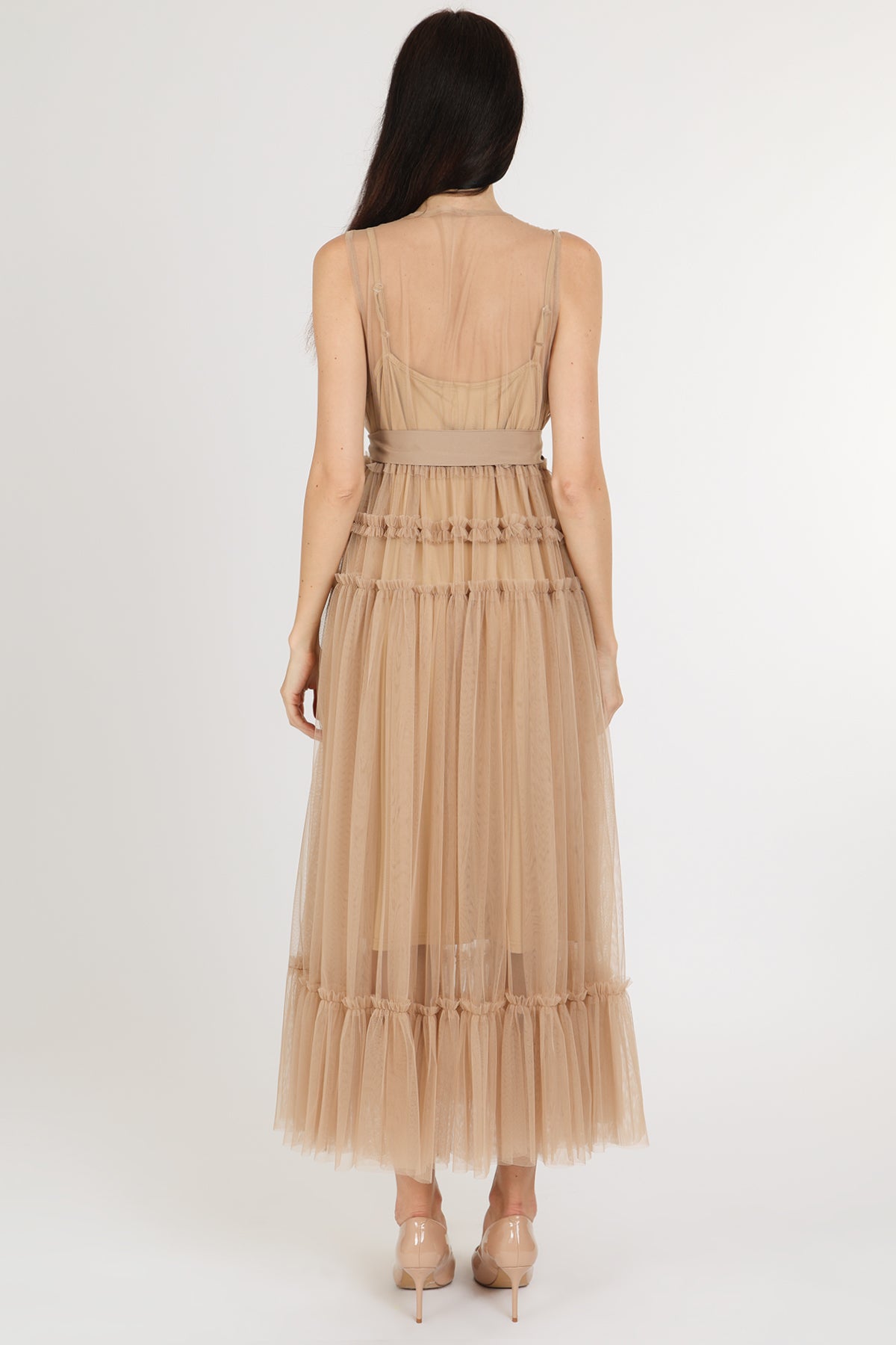 Titania Tiered Ruffles Tulle Sleeveless Belted Maxi Dress