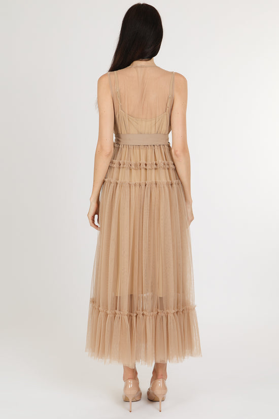 Titania Tiered Ruffles Tulle Sleeveless Belted Maxi Dress