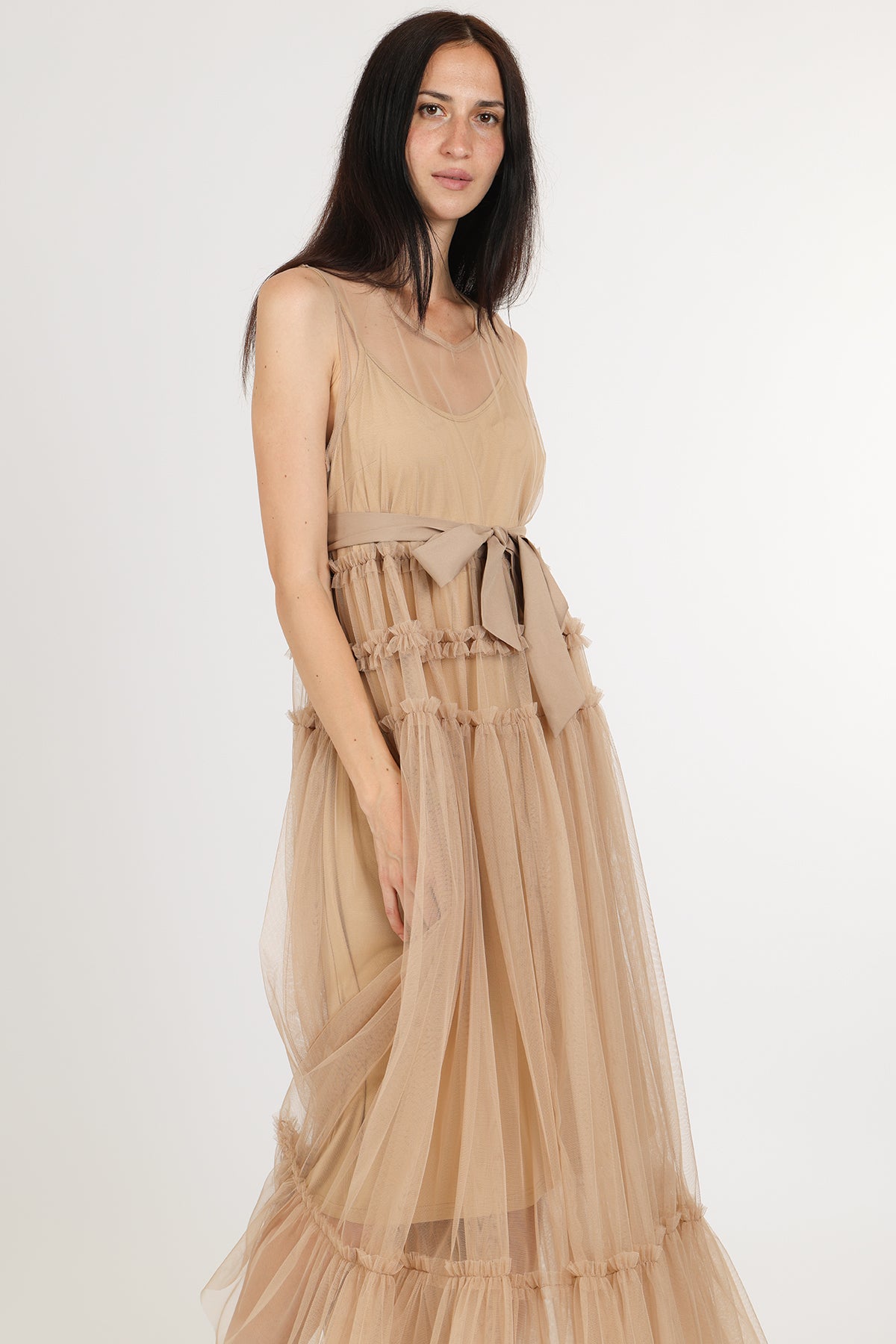 Titania Tiered Ruffles Tulle Sleeveless Belted Maxi Dress - Shop Beulah Style