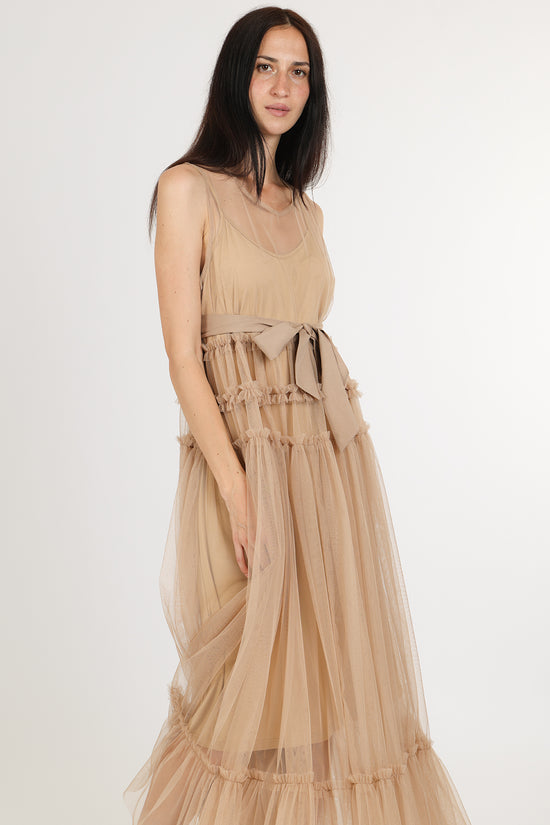 Titania Tiered Ruffles Tulle Sleeveless Belted Maxi Dress