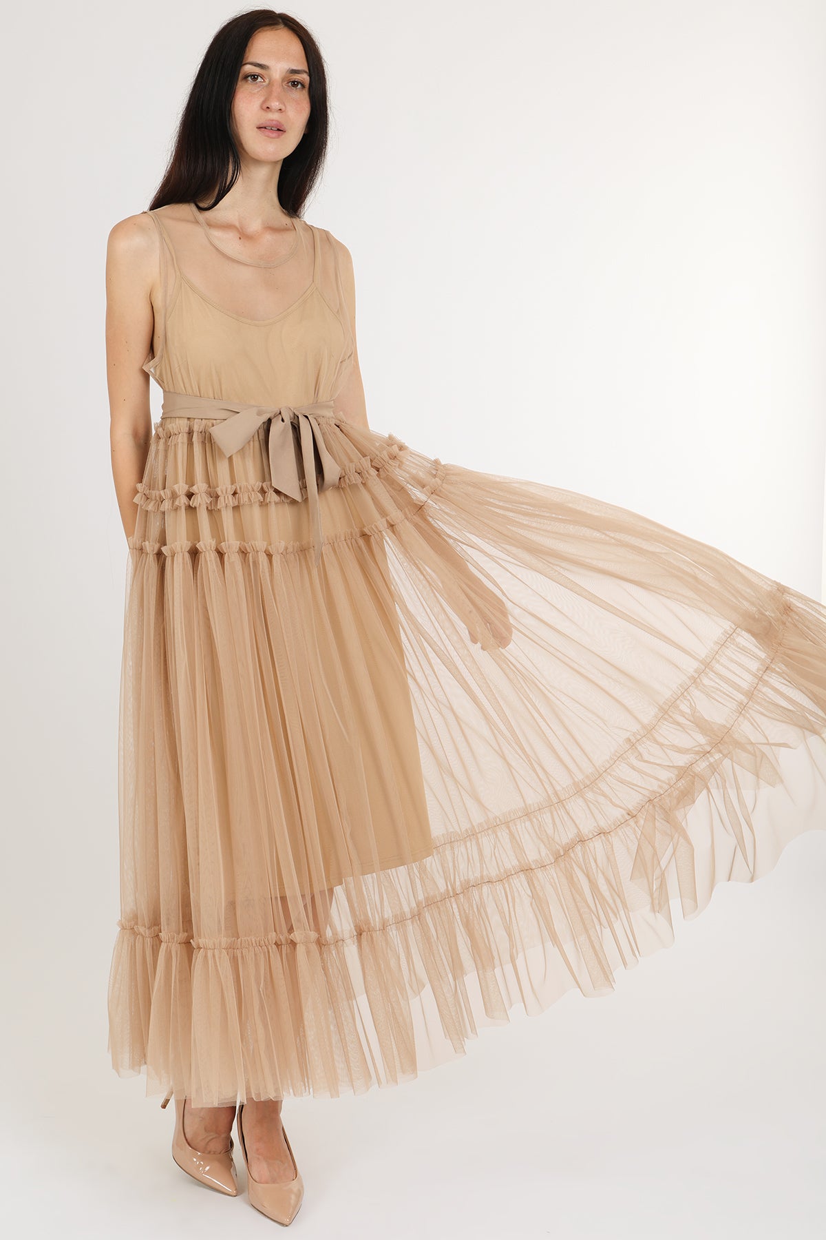 Titania Tiered Ruffles Tulle Sleeveless Belted Maxi Dress