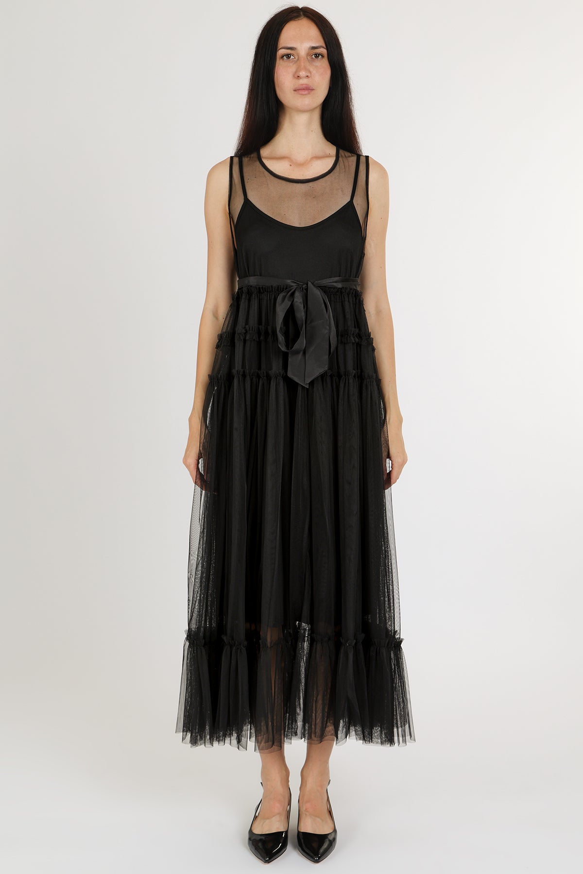 Titania Tiered Ruffles Tulle Sleeveless Belted Maxi Dress