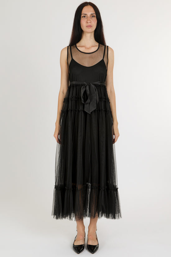 Titania Tiered Ruffles Tulle Sleeveless Belted Maxi Dress