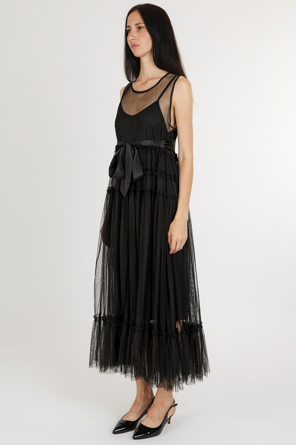 Titania Tiered Ruffles Tulle Sleeveless Belted Maxi Dress