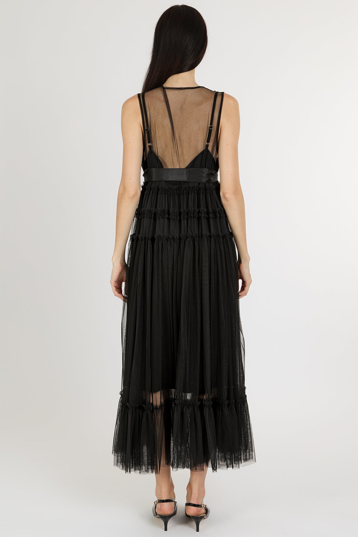 Titania Tiered Ruffles Tulle Sleeveless Belted Maxi Dress