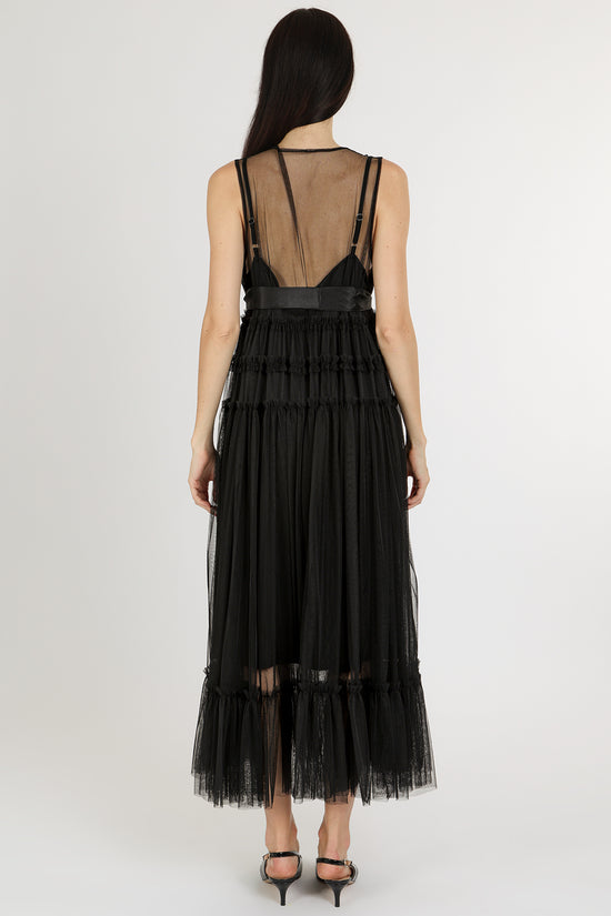 Titania Tiered Ruffles Tulle Sleeveless Belted Maxi Dress