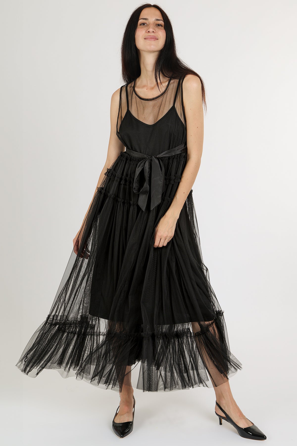 Titania Tiered Ruffles Tulle Sleeveless Belted Maxi Dress
