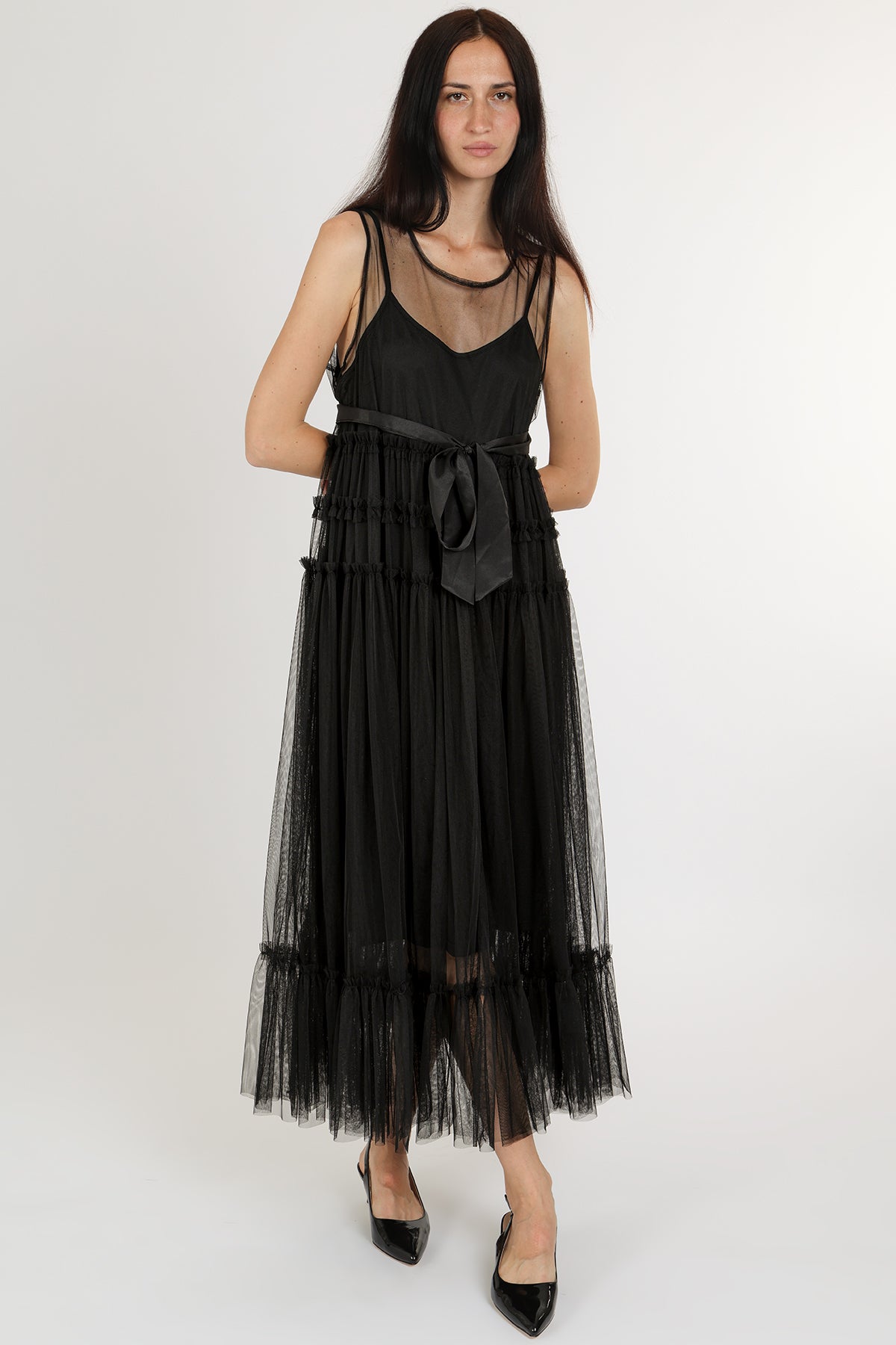 Titania Tiered Ruffles Tulle Sleeveless Belted Maxi Dress