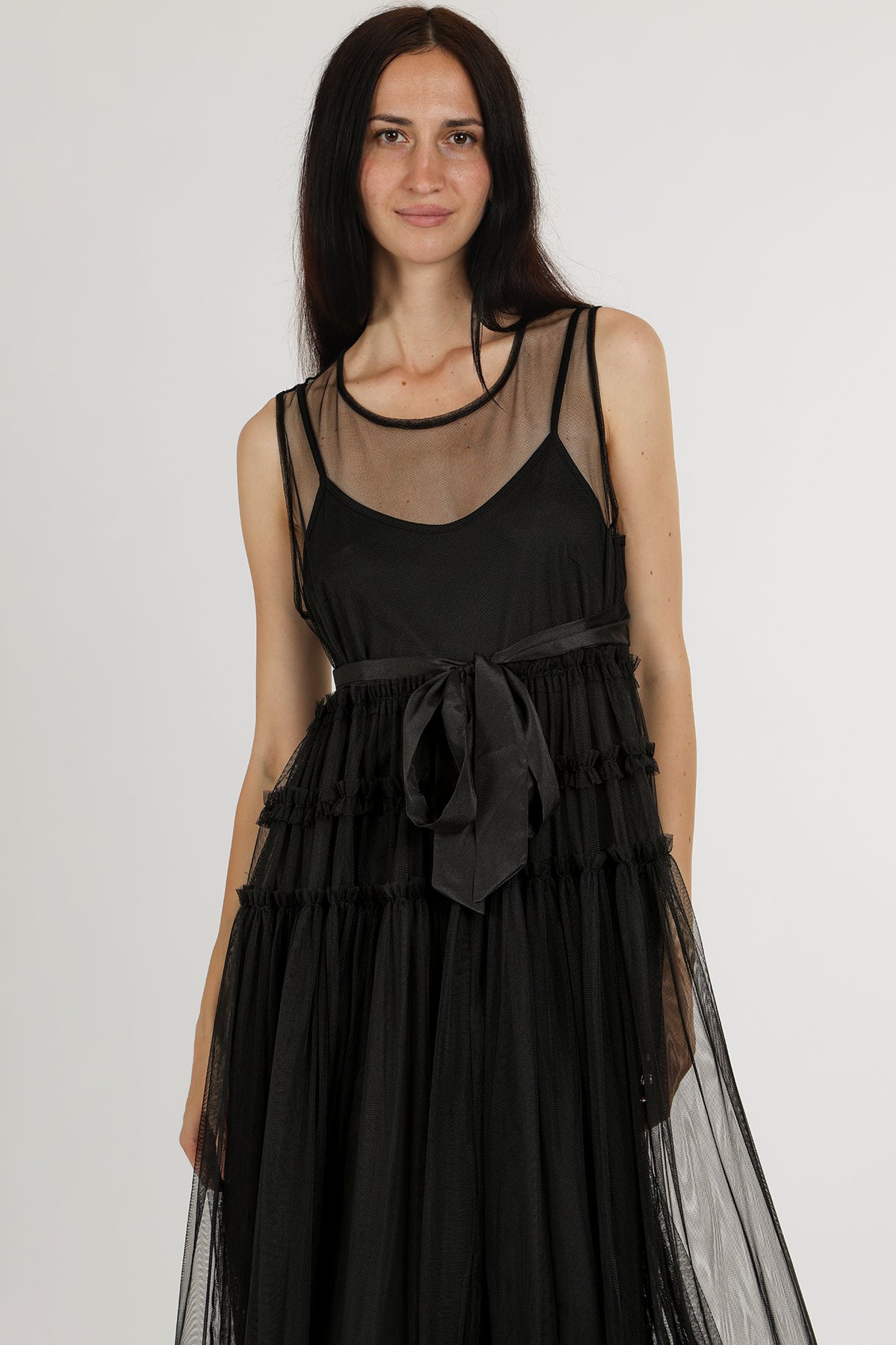 Titania Tiered Ruffles Tulle Sleeveless Belted Maxi Dress