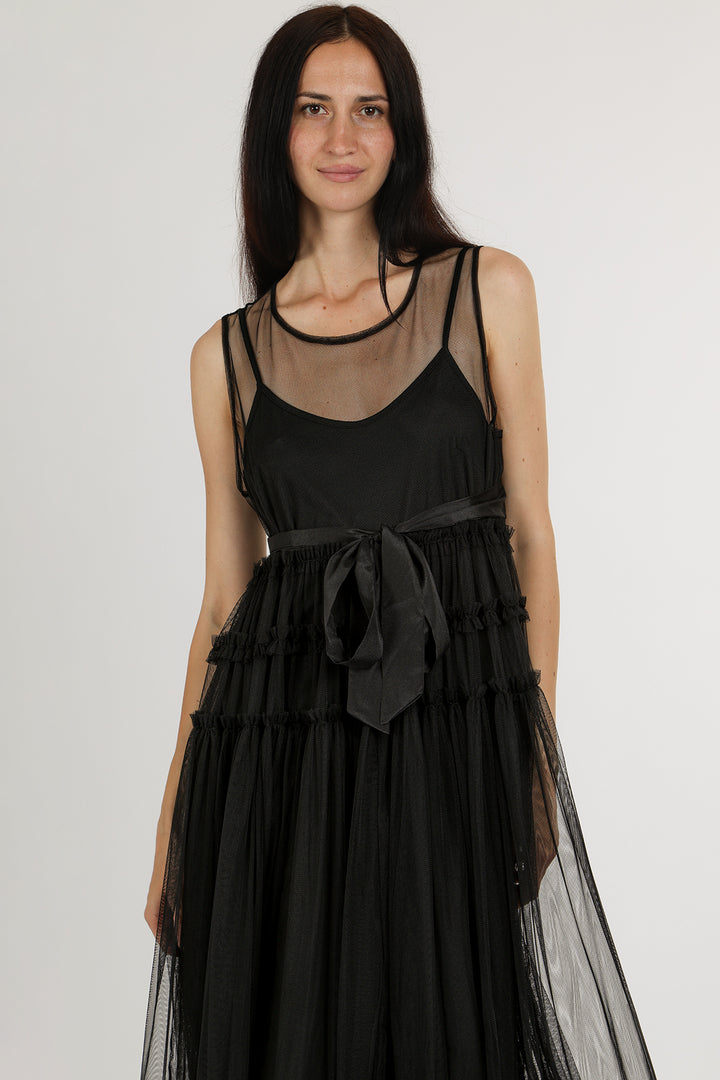 Titania Tiered Ruffles Tulle Sleeveless Belted Maxi Dress