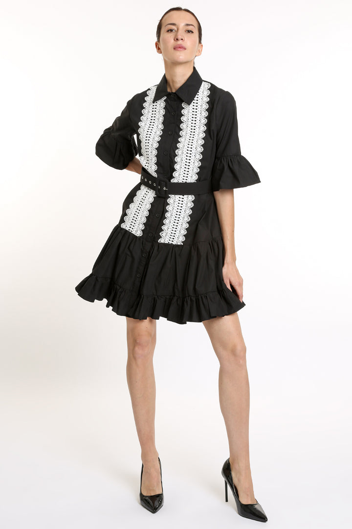 Ava Ruffled Front Lace Detail Mini Dress with Belt