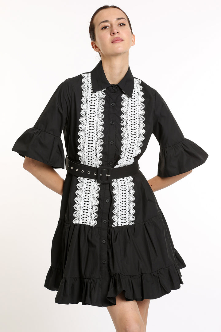 Ava Ruffled Front Lace Detail Mini Dress with Belt