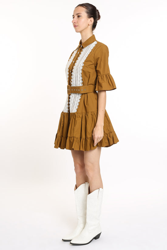 Ava Ruffled Front Lace Detail Mini Dress with Belt - Shop Beulah Style