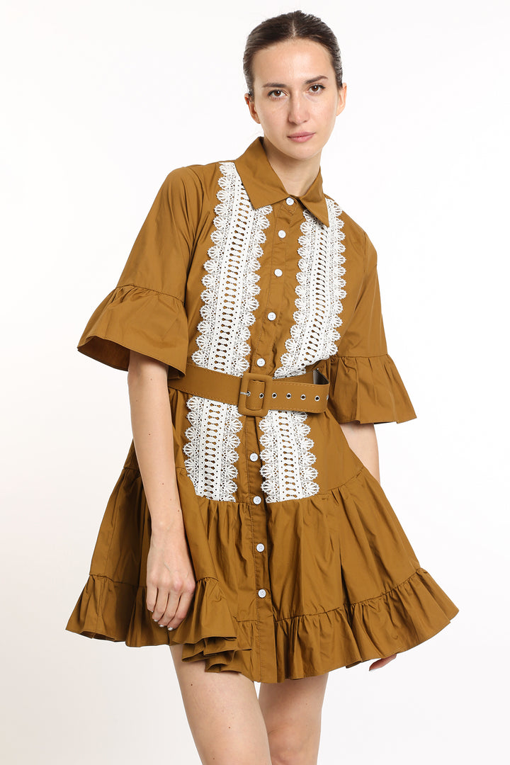 Ava Ruffled Front Lace Detail Mini Dress with Belt