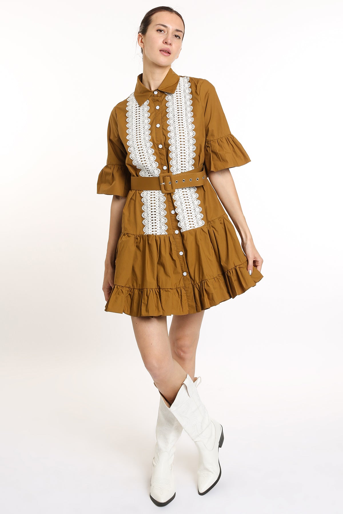 Ava Ruffled Front Lace Detail Mini Dress with Belt - Shop Beulah Style