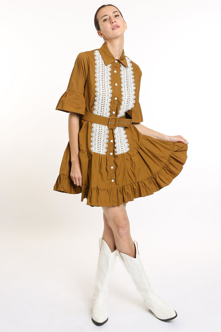 Ava Ruffled Front Lace Detail Mini Dress with Belt