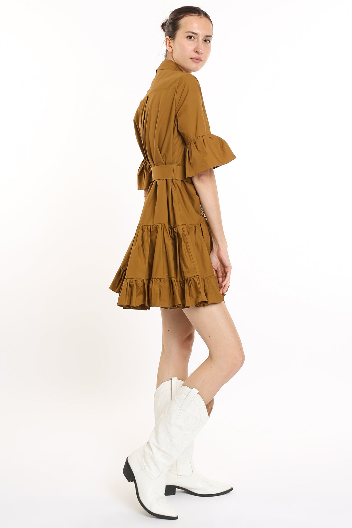 Ava Ruffled Front Lace Detail Mini Dress with Belt - Shop Beulah Style