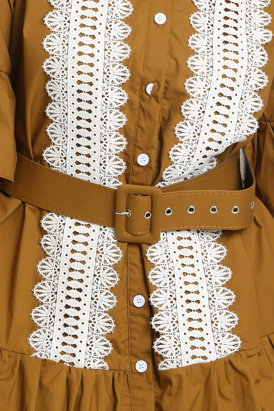 Ava Ruffled Front Lace Detail Mini Dress with Belt - Shop Beulah Style