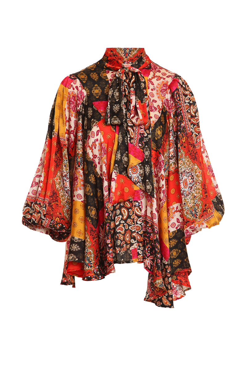 Dawn Colorblock Paisley Bowtie Ruffled Chiffon Blouse