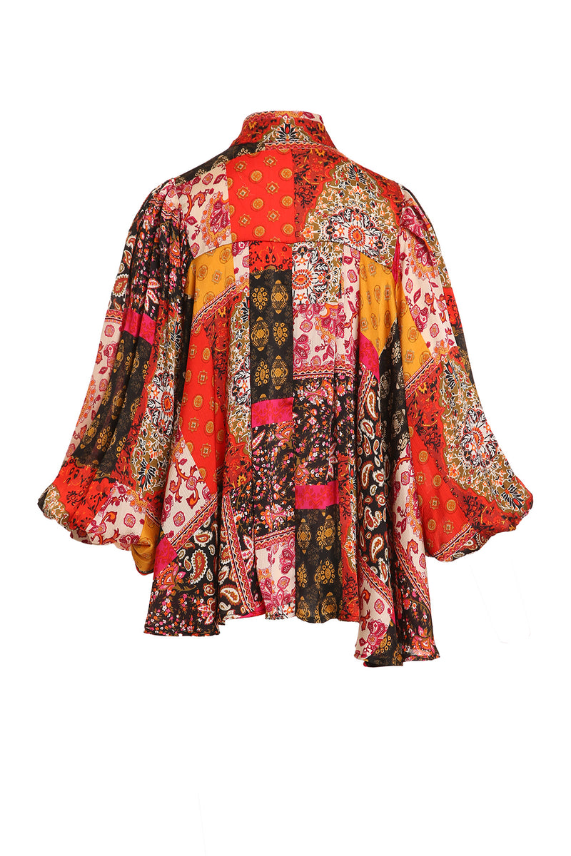 Dawn Colorblock Paisley Bowtie Ruffled Chiffon Blouse