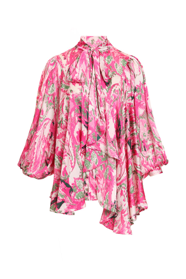 Brooke Abstract Printed Bowtie Ruffled Chiffon Blouse