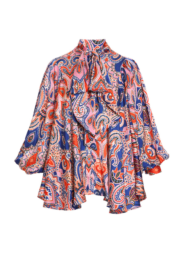 Charlotte Paisley Printed Bowtie Ruffled Chiffon Blouse