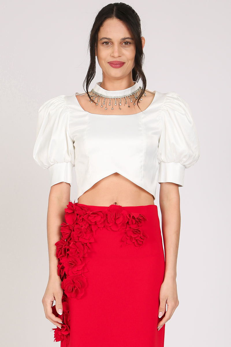 Hona Embellished Choke Band & U neck Satin Crop Top