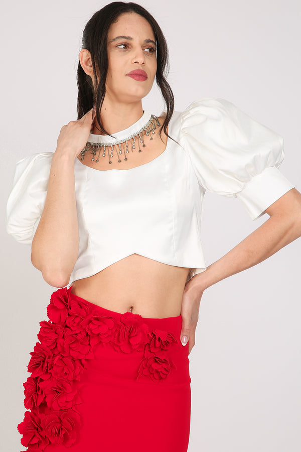 Hona Embellished Choke Band & U neck Satin Crop Top