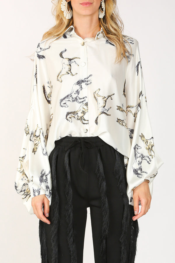 Daisy Horse Printed Satin Blouse