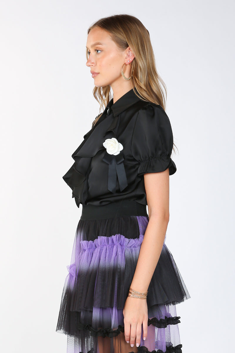 Front Ruffle Matt Satin Blouse - Shop Beulah Style