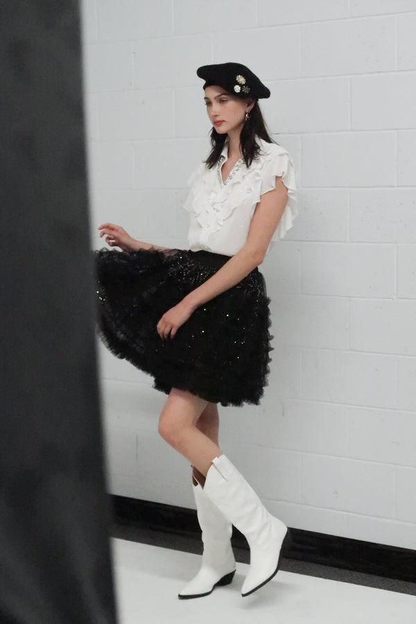 Remy Ruffle Frill Sequin Mesh Mini Skirt - Shop Beulah Style