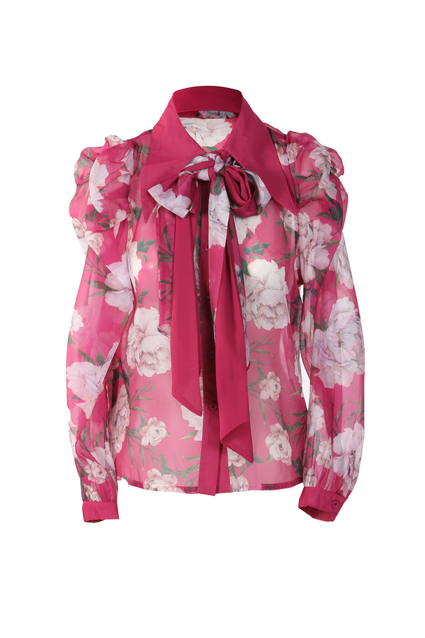 Lara Sheer Floral Two Tone Bowtie Blouse - Shop Beulah Style