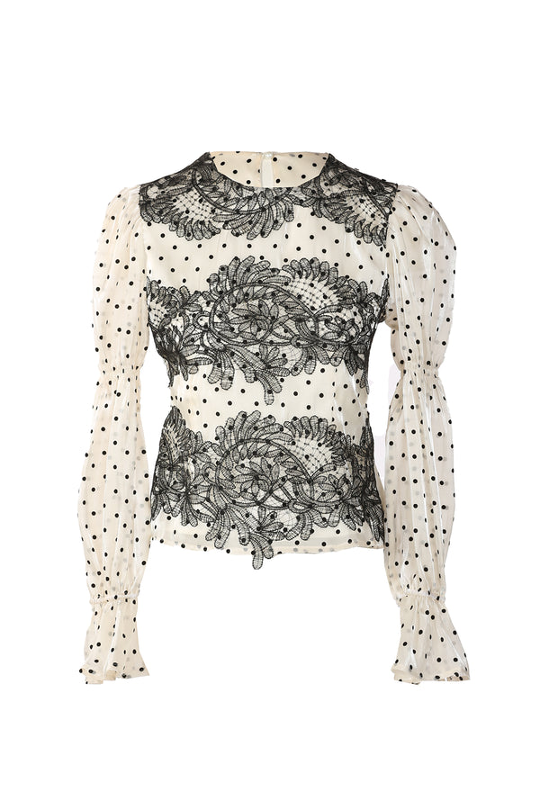 Claire Lace Embroidered Polka Dot Chiffon Blouse - Shop Beulah Style