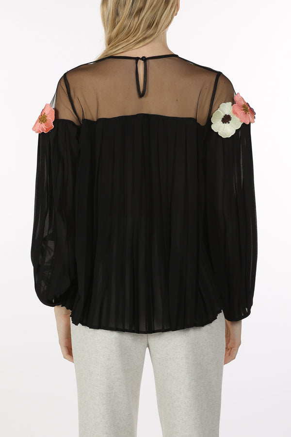 Sally Decorative Floral Pleated Illusion Blouse - Shop Beulah Style