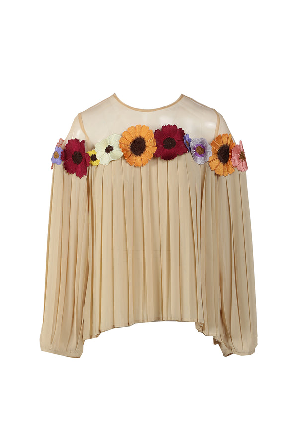 Sally Decorative Floral Pleated Illusion Blouse - Shop Beulah Style
